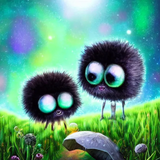 Prompt: cute fluffy aliens with big eyes and big ears in field of weird luminescent plants detailed oil painting 4 k