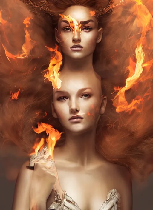 Image similar to 3d fashion portrait with fire, female, future, torch, flame, harper's bazaar, vogue, fashion magazine, intricate, concept art, close up, ornate, luxury, elite, elegant, trending on artstation, by ruan jia, by Kenneth Willardt, by ross tran, by WLOP, by Andrei Riabovitchev,