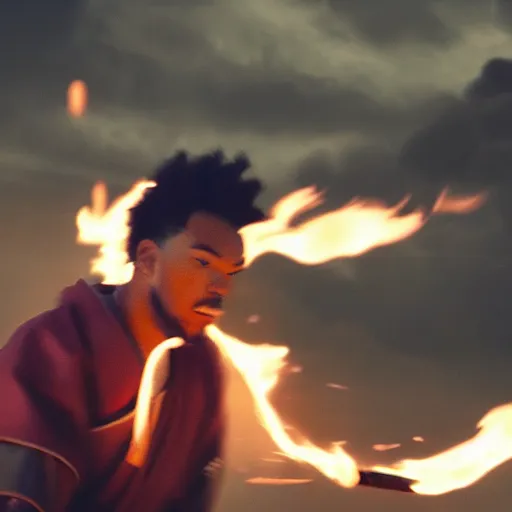 Image similar to cinematic film still of Chance The Rapper starring as a Samurai holding fire, Japanese CGI, VFX, 2022, 40mm lens, shallow depth of field, film photography