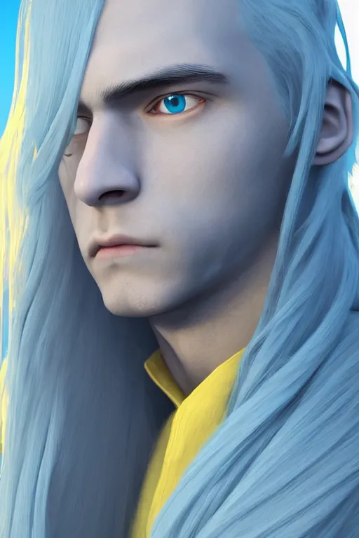 Image similar to a male teenager with long blue hair and yellow eyes wearing a winter overcoat, hyperrealistic, concept art, octane render, unreal engine 5, trending on artstation, high quality, 8 k, highly detailed, digital art, anatomically correct, symmetrical, realistic and defined face, profile picture, high coherence, path traced, beautiful, elegant clothes