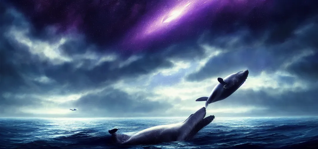 Image similar to a wide angle shot of a lonely whale flying in the sky, sea underneath, cosmic starry sky, concept art, trending on artstation, purple theme by andreas achenbach, artgerm, mikko lagerstedt, zack snyder, tokujin yoshioka