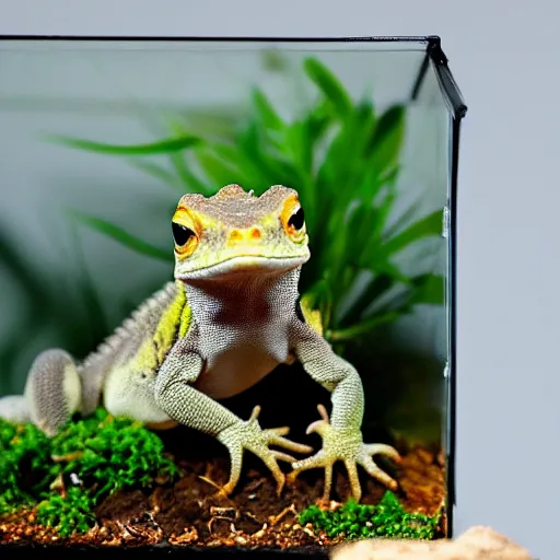 Prompt: angry gecko sitting inside a terrarium