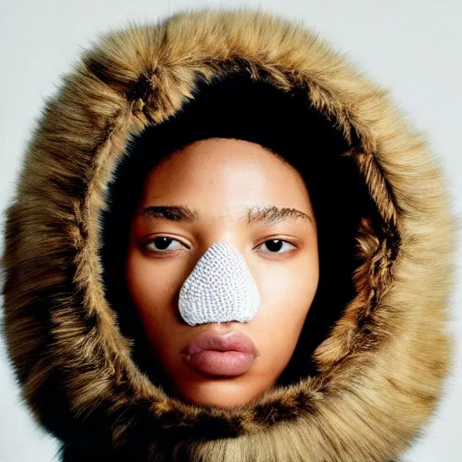 Image similar to realistic! photoshoot for a new balenciaga lookbook, color film photography, portrait of a beautiful woman wearing a balaclava puffer mask, photo in style of tyler mitchell, 35mm lens