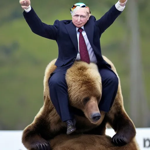 Prompt: vladimir putin drinks vodka riding the bear