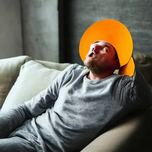 Prompt: drunk man slouched on the couch wearing a cone on his head