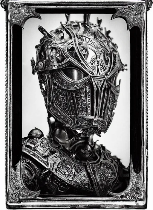 Prompt: old wetplate daguerreotype frame portrait of a futuristic silver armored king arthur emperor district 9 cyborg, fractal, intricate, elegant, highly detailed, subsurface scattering, by jheronimus bosch and greg rutkowski and louis jacques mande daguerre