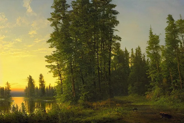 Image similar to A beautiful painting of The edge of the Russian forest in summer at night by Ivan Shishkin, Trending on artstation.