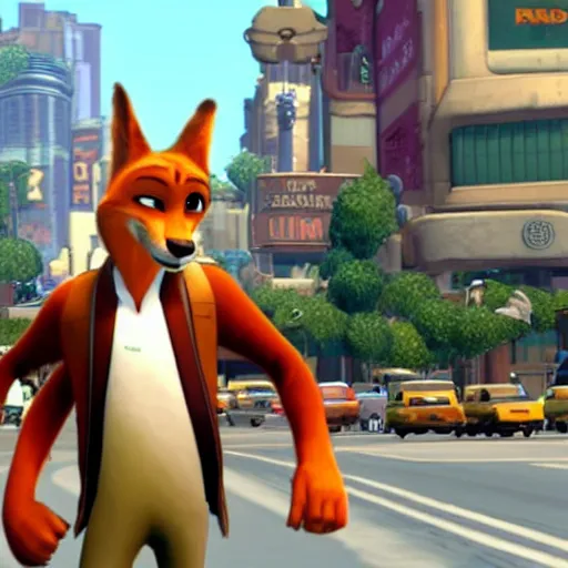 Image similar to Nick Wilde (from Zootopia) in a Grand Theft Auto loading screen