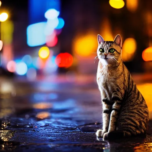 Image similar to Cat sitting on wet street corner, night, high detail, 4k