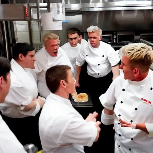 Image similar to gordon ramsay yelling at mcdonald's employees in the mcdonald's kitchen on kitchen nightmares. the employees are lined up and in their mcdonald's uniforms. 4 k broadcast