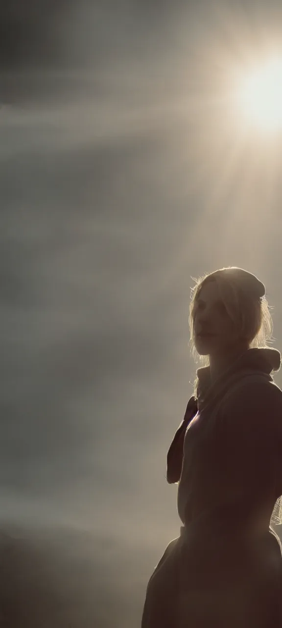 Image similar to very very beautiful photograph of emily skinner looking like annie leonhart in a hoodie standing next to a window god rays shining on her from the sunlight, sharp focus, volumetric fog, smoke, depth of field, beautiful composition, very very very beautifull face, on artstation and instagram, ray tracing