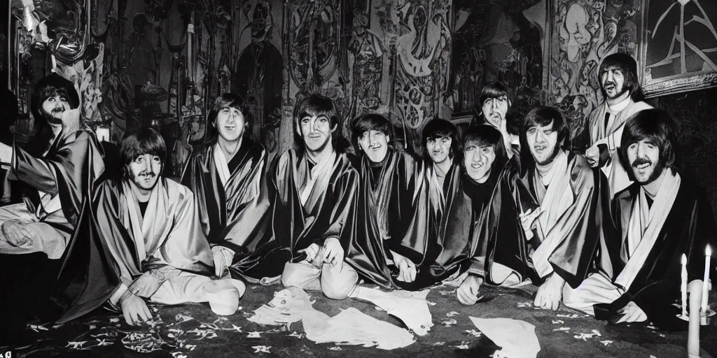 Prompt: the beatles wearing magic robes in a room full of occultists, with a pentagram on the floor, bio-luminescent vivid colors against deep black darkness in the room