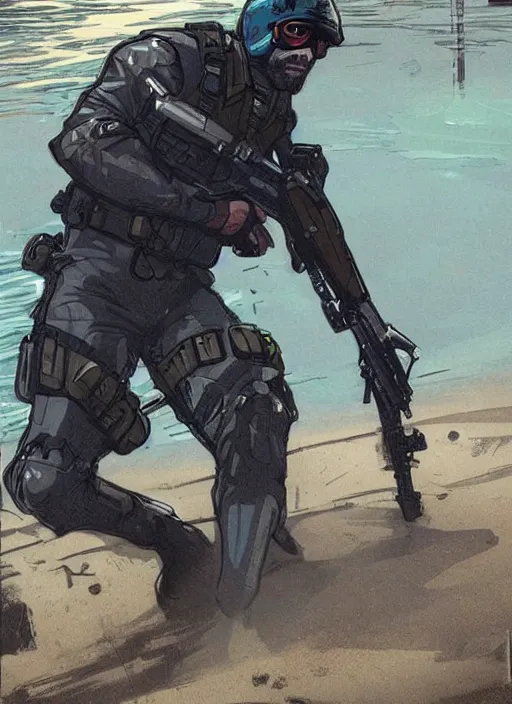 Image similar to Hector. USN blackops operator emerging from water at the shoreline. Agent wearing Futuristic stealth suit and looking at an abandoned shipyard. rb6s, MGS, and splinter cell Concept art by James Gurney, Alphonso Mucha. Vivid color scheme.