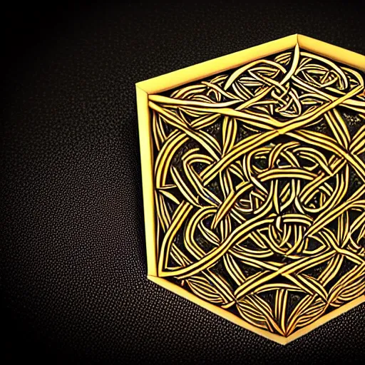 Image similar to ornate psychedelic twisting three dimensional celtic pattern vortex inside a hexagonal box, intricate detail, complex