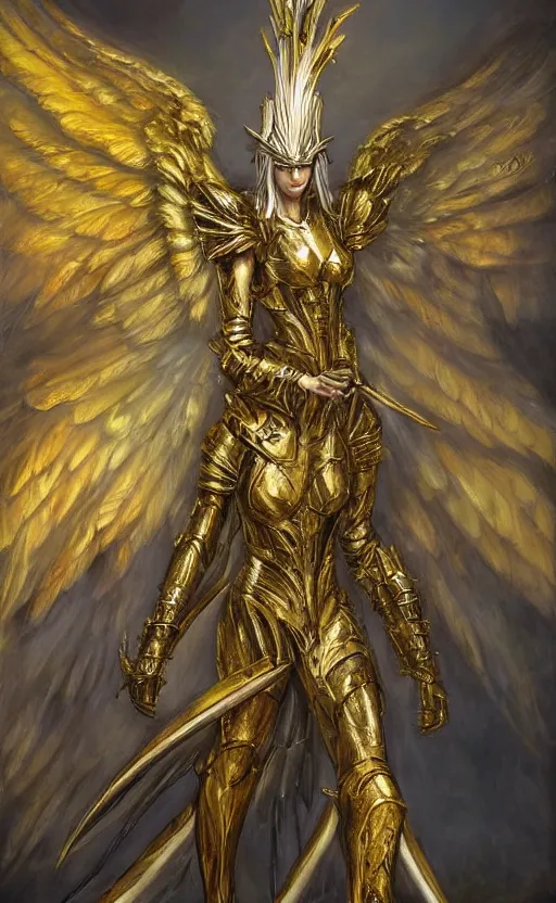 Prompt: fantasy angel warrior in armor with bright gold wings, epic flying pose, full length portrait, art, paint, fine details, h. r. giger, scott m fischer, alexandros pyromallis, laurie lipton