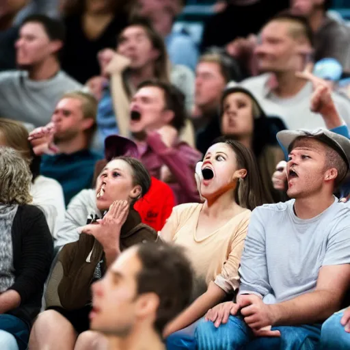 Prompt: audience at baseketball game looks upset, pointing, covering mouth