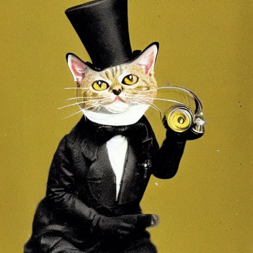 Image similar to a yellow cat with a top hat and a monocle!!, vintage photo