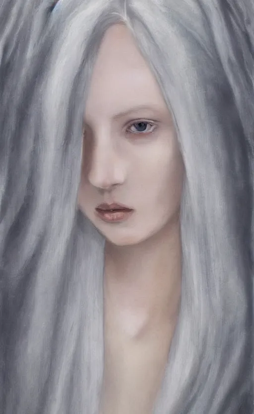 Image similar to who is this with silver hair so pale and wan! and thin!?, flowing robes, covered in robes, lone pale nordic goddess, wearing robes of silver, flowing, pale skin, young cute face, covered!!, clothed!! lucien levy - dhurmer, jean deville, oil on canvas, 4 k resolution, aesthetic!, mystery