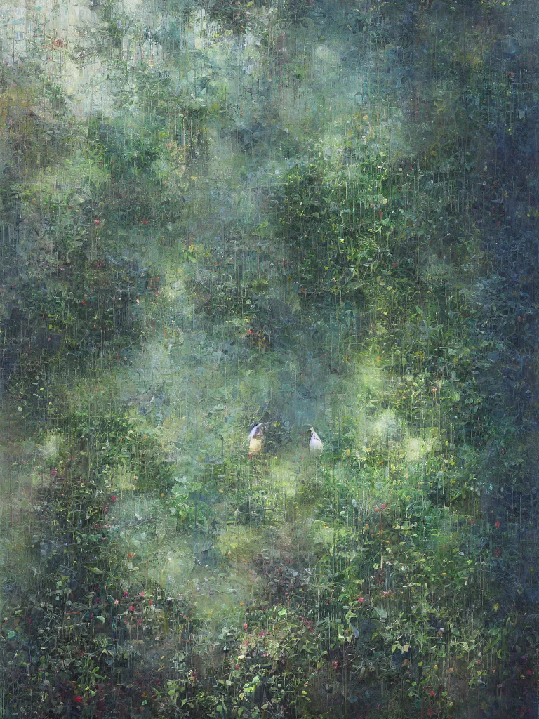 Prompt: abstract wall, hyperrealistic sparrows, impressionist greenery, sea visible through the cracks in the paint. By Gregory Mortenson, Alyssa Monks, Stephen Bauman, Conor Walton, Casey Baugh, Jeremy Lipking, Adam Miller, Mario Robinson. oil on canvas.