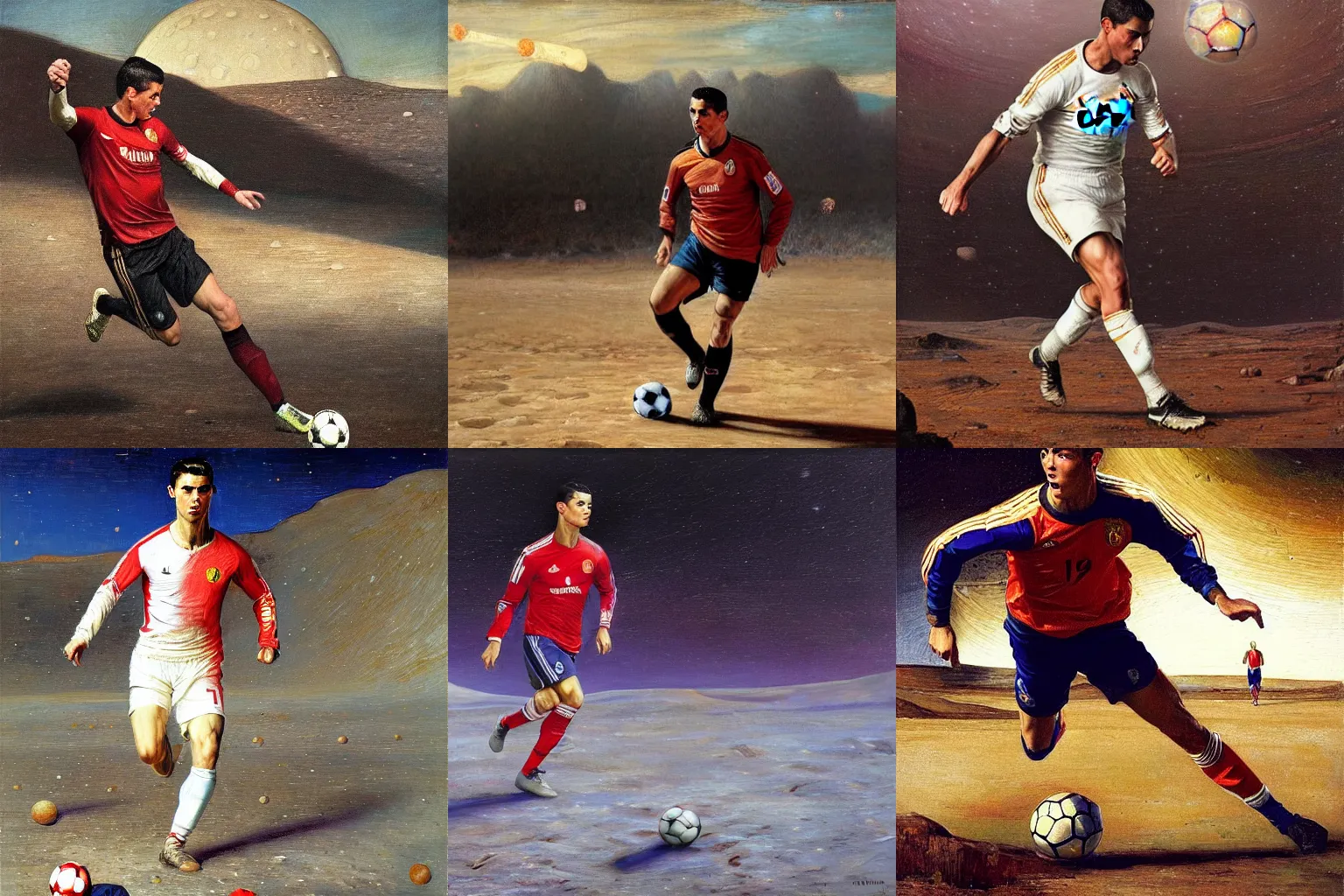 Prompt: cristiano ronaldo playing soccer on the moon, portrait by john william waterhouse and edwin longsden long and theodore ralli and nasreddine dinet, oil on canvas. cinematic, vivid colors, hyper realism, realistic proportions, dramatic lighting, high detail 4 k