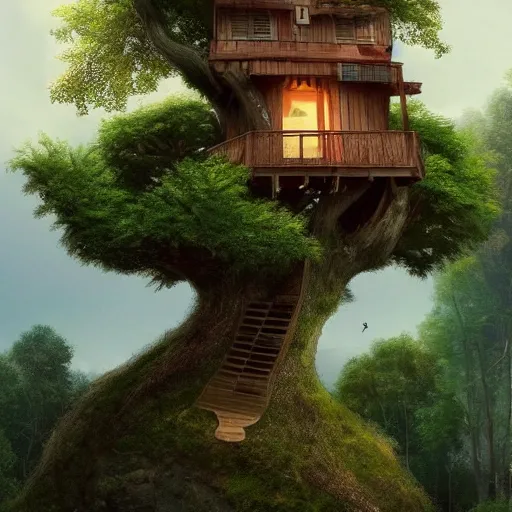 Image similar to a beautiful tree house by studio ghibili situated on a hill, trending on artstation, he