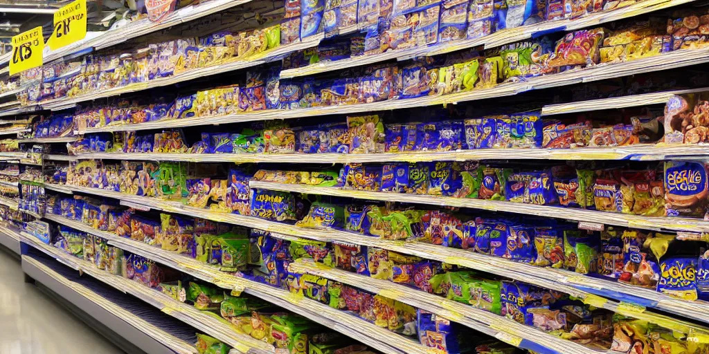 Image similar to 4K texture of Walmart shelves lined with snacks, photorealistic
