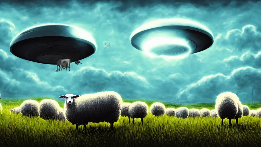 Image similar to sheep in a field being abducted by a ufo!, horror cartoon, hyper energy, punk aesthetic, highly detailed, digital painting, artstation, concept art, sharp focus, illustration,