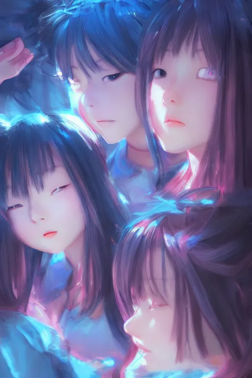 Prompt: 3d infrared octane render concept art by Mo Xiang Tong Xiu, by Igarashi Daisuke, by makoto shinkai, cute beauty cozy portrait anime schoolgirls under dark pink and blue tones, mirror room. light rays. deep water bellow. pretty realistic face. dramatic deep light, trending on artstation, oil painting brush