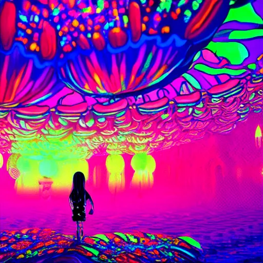 Image similar to Little girl wandering among many giant glowing mushrooms, Neon colors, psychedelic art, trippy, 4k, HQ, Trending on Artstation