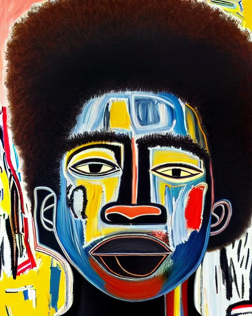 Image similar to A extremely ultra highly detailed majestic hi-res beautiful immaculate head and shoulders award winning painting stunning masterpiece of the face of a strong black african warrior man with an afro by Jean-Michel Basquiat, 8k, high textures, ultra hyper sharp, insanely detailed and intricate, super detailed, 8k HDR ultra high quality