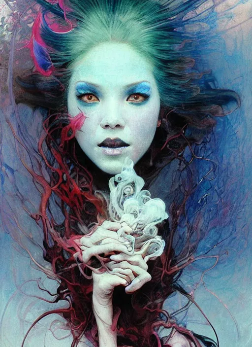 Prompt: a beautiful terrifying ghost portrait black eyes smoke twisted trees rose blackpink, floating cloth whirlpool, sorayama ethereal horror fantasy art blue, pink, red white hues by karol bak raymond swanland, gaston bussiere craig mullins alphonse mucha basil gogos, monet, ruan jia, by wlop, moebius syd mead roger dean yoshitaka amano