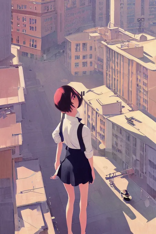 Image similar to a cute giantess wearing school uniform standing in the city which seem small, bird's eye view, strong brush stroke, sharp focus, illustration, morandi color scheme, art station, by ilya kuvshinov