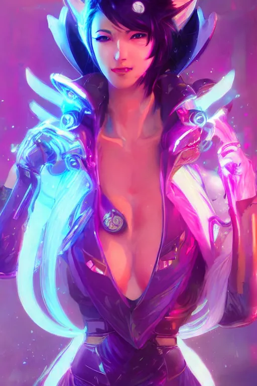 Image similar to ahri from league of legends, cyberpunk futuristic neon. decorated with traditional japanese ornaments by ismail inceoglu dragan bibin hans thoma greg rutkowski alexandros pyromallis nekro rene maritte illustrated, perfect face, fine details, realistic shaded, fine - face, pretty face, masterpiece