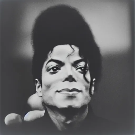 Image similar to photo of Michael Jackson by Diane Arbus, black and white, high contrast, Rolleiflex, 55mm f/4 lens