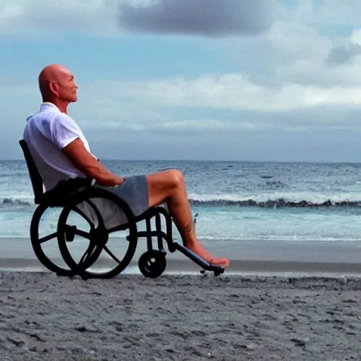 Prompt: still photo of john locke from the show lost. he is sitting on the beach and staring at a wheelchair, oil panting, cinematic, highly detailed