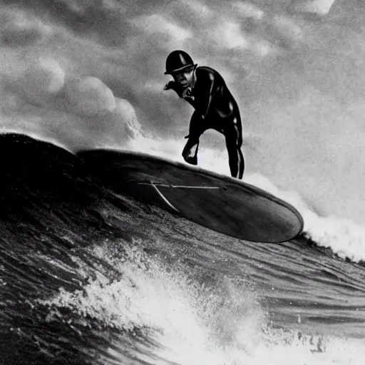 Prompt: mussolini surfing, 1 9 4 0 s photo, photorealistic, close up