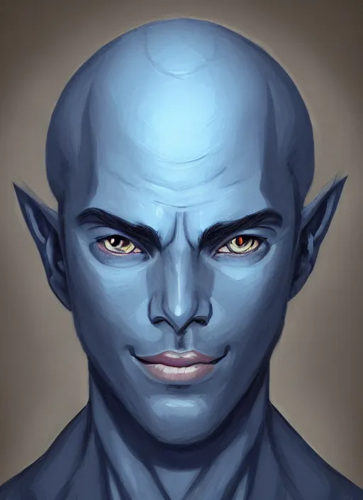 Prompt: head-on symmetrical centered painted portrait, a smiling bald and clean shaven androgynous man with completely blue skin in his twenties as a D&D wizard, fantasy, intricate, elegant, highly detailed, digital painting, smooth, sharp focus, illustration, artstation, in the style of Artgerm and Anna Podedworna and Charlie Bowater and Michael Garmash