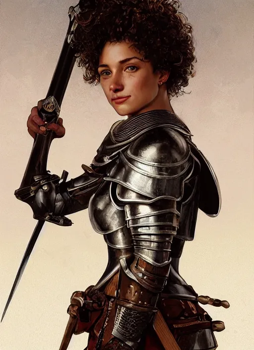 Image similar to medium-length portrait of a female knight with short curly hair and brown eyes, dark brown skin, happy expression, wears a combination of plate armor and boiled leather, medieval setting, highly detailed, digital painting, artstation, concept art, sharp focus, illustration, art by greg rutkowski and alphonse mucha