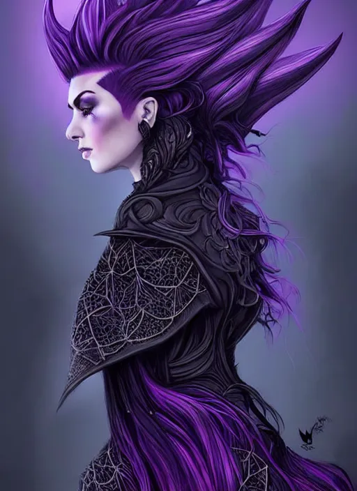 Image similar to side portrait dark queen, witch outfit large cloak, fantasy forest landscape, dragon scales, fantasy magic, undercut hairstyle, short purple black fade hair!!!!!!, dark light night, intricate, elegant, sharp focus, illustration, highly detailed!!!!!!!, digital painting, concept art, green neon smoke, matte painting, art by WLOP and Artgerm and Greg Rutkowski and Alphonse Mucha, masterpiece