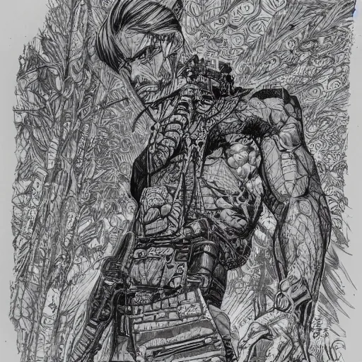 Image similar to Gigachad, by Q Hayashida, high quality, intricate line work, pen and ink