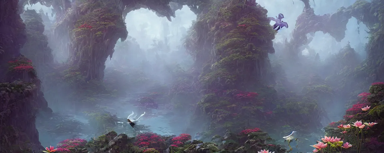 Prompt: path thru flower valley with little lotus ponds, birds eye, vista view, peter mohrbacher, vladimir kush, michael whelan, bill stoneham, tsutomu nihei, jane graverol, kay sage, digital art, airbrush, art nouveau, intricate, clear, looming, epic, depth, artstation, highly detailed, blender, Unreal Engine, octane render, vray, 8k