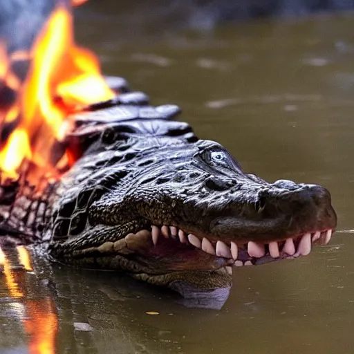 Image similar to found footage of an alligator living in a cottage on fire