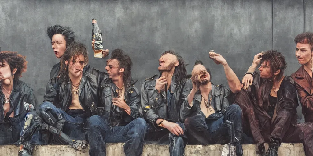 Prompt: beautiful oil matte portrait painting, 8 0 s punks sitting on the berlin wall drinking bottles of beer and listening to a boombox, wonderful masterpiece highly detailed, beautiful cinematic light deep focus, elegant, digital painting, smooth, sharp focus, golden ratio, dramatic illumination, ultra realistic, 8 k, art by jimmy law