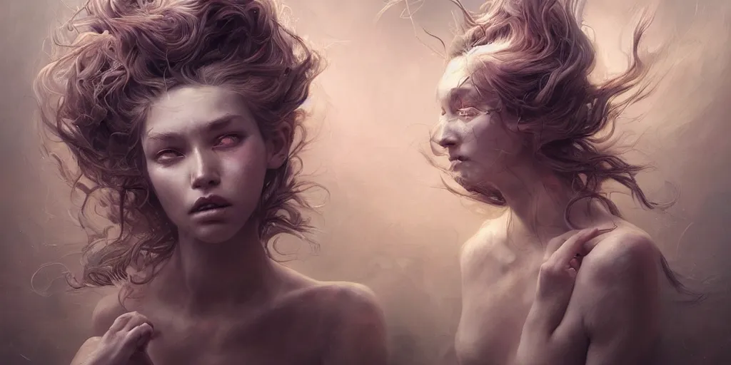 Prompt: hyperrealistic portrait beautiful minx worrying about her hair, dramatic lighting, highly detailed, hyper detailed, 3 d render, hyper realistic detailed portrait, high face symmetry, peter mohrbacher, wlop, ruan jia