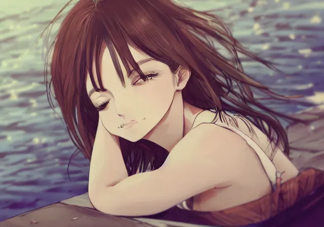 Prompt: A girl with short brown hair, wearing a white blouse, laying on a beach chair, drawn by WLOP, by Avetetsuya Studios, attractive character, colored sketch anime manga panel, trending on Artstation