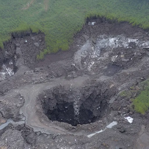 Image similar to helicopter shot of gigantic permafrost sinkhole, collapsing ground, disaster movie