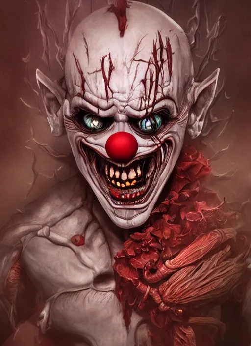 Image similar to evil horror clown, monster anatomy, ross tran, vivid colors, anatomical, highly detailed sculpture, intricate detailed, ommatidia, 8 k, cinematic atmosphere, post - processing