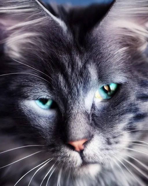 Prompt: An extremely beautiful studio photo of a blue Maine Coon cat (it\'s a cat but it\'s bright blue), bokeh, 90mm, f/1.4