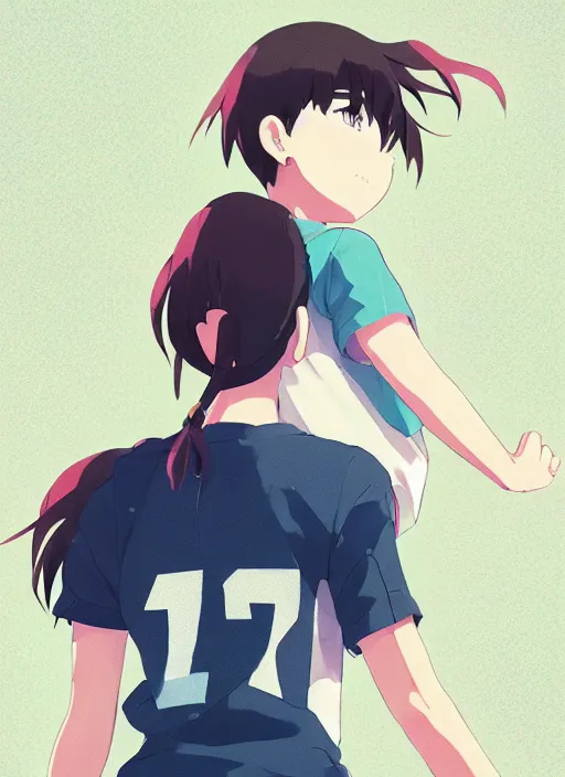 Image similar to portrait of high school runner girl, sunny sky background stadium landscape illustration concept art anime key visual trending pixiv fanbox by wlop and greg rutkowski and makoto shinkai and studio ghibli and kyoto animation short down hair sports clothing marathon race running shoes sponsors nike shirt