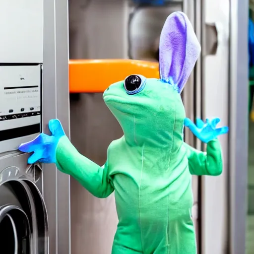 Image similar to plastic toy frog in a bunny suit cleaning up the laundromat, pastel colors